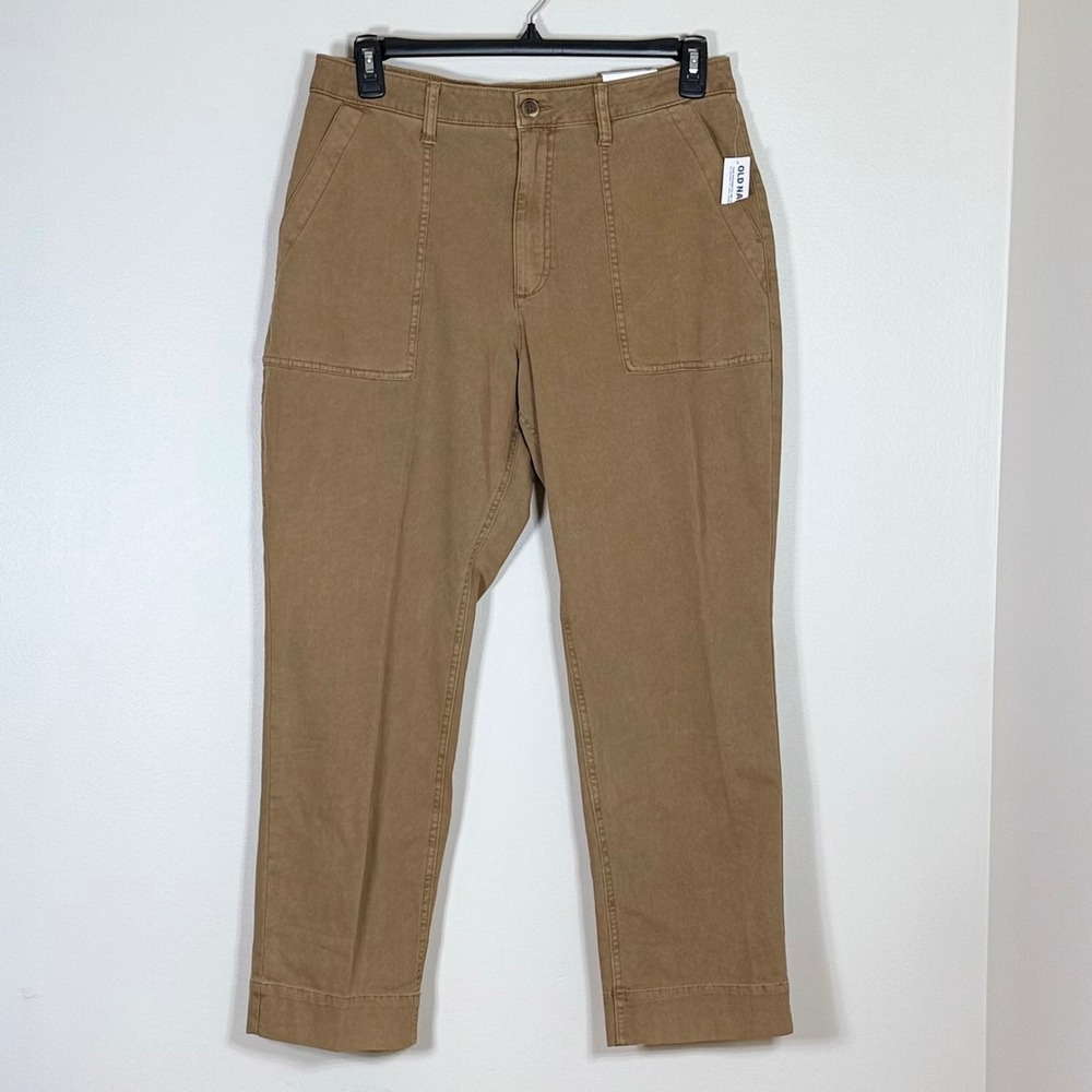 Old Navy Womens Sky High Straight Pants 12 Brown High Rise Utility Canvas
